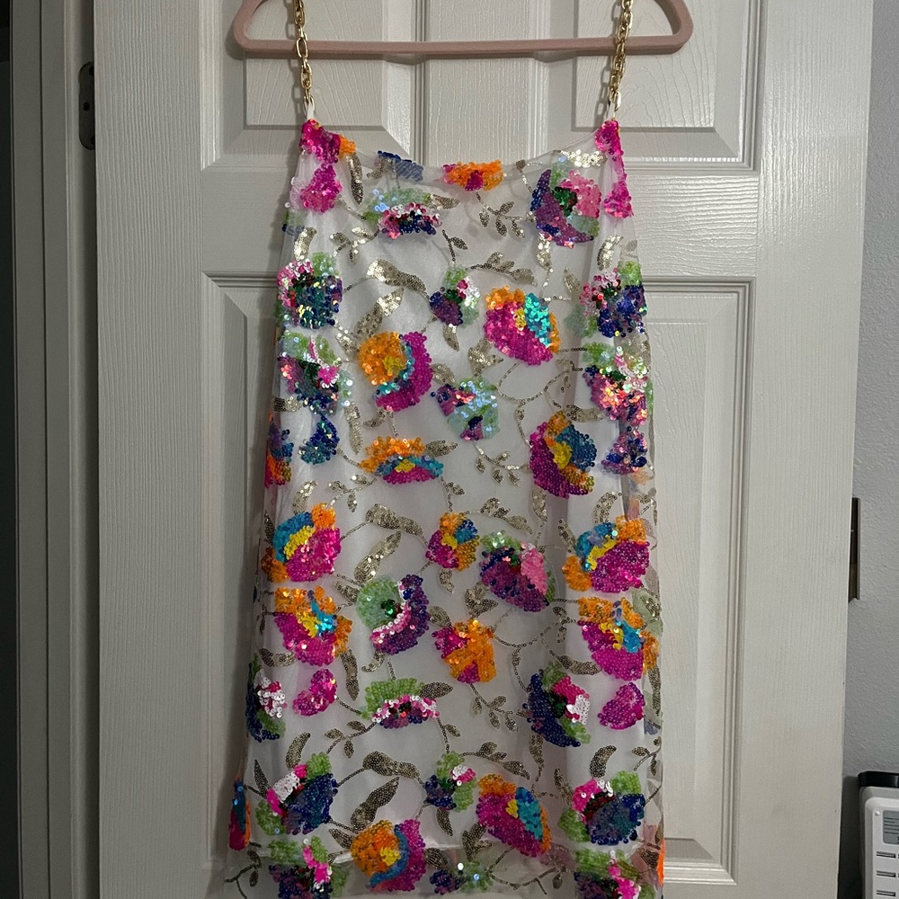 New -Floral Sequin mini dress with Gold Chain Straps
